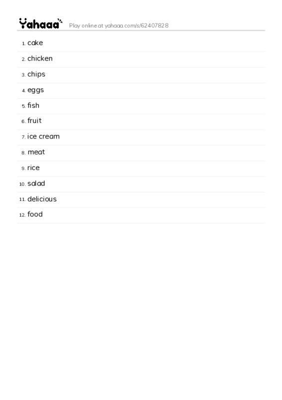 Word list with meanings worksheet for cake, chicken, chips and 9 more