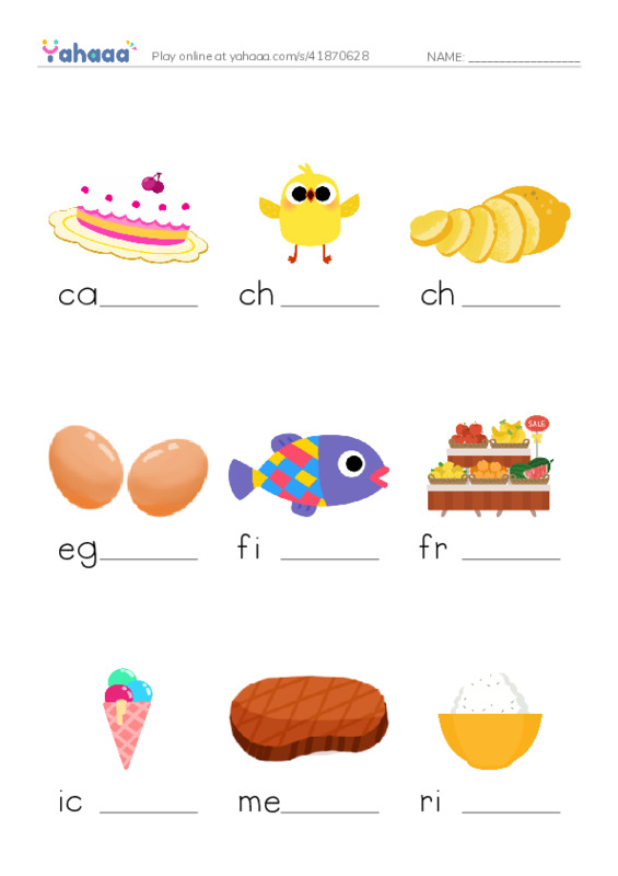 Finish the word worksheet for cake, chicken, chips and 9 more