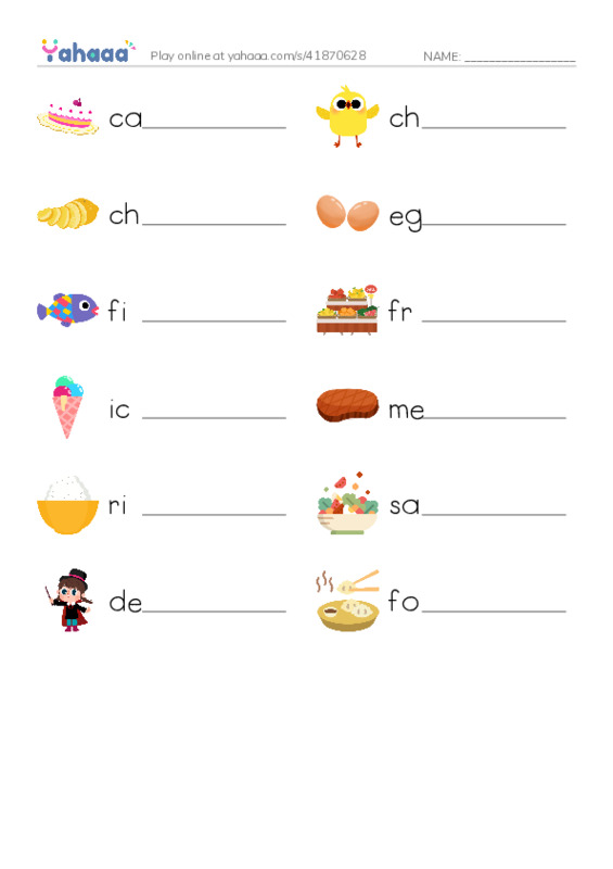 Write the word rows worksheet for cake, chicken, chips and 9 more