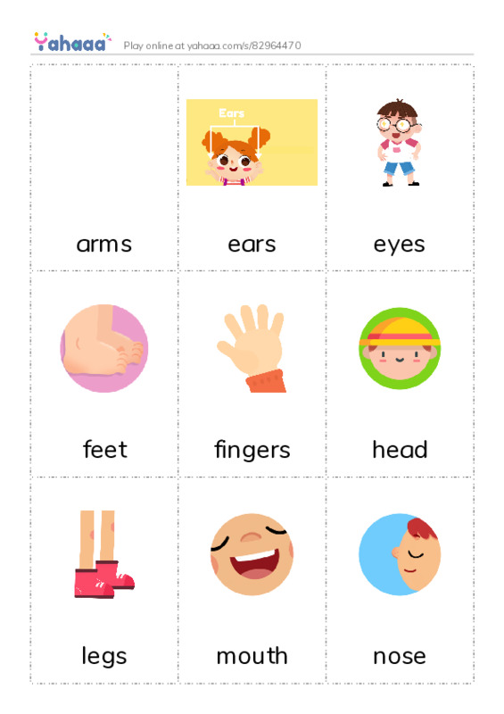 Picture flashcards worksheet for arms, ears, eyes and 7 more