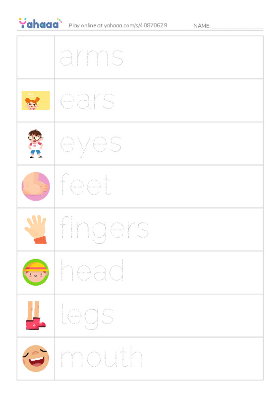 Picture and word rows worksheet for arms, ears, eyes and 7 more