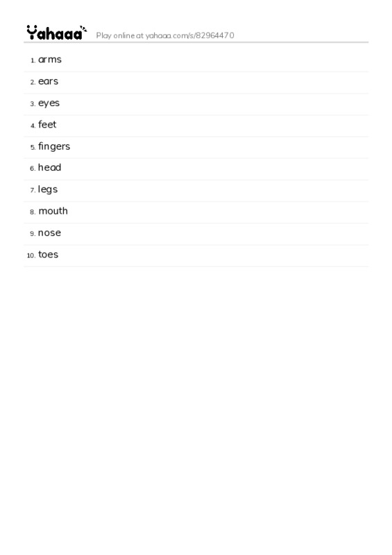 Word list with meanings worksheet for arms, ears, eyes and 7 more