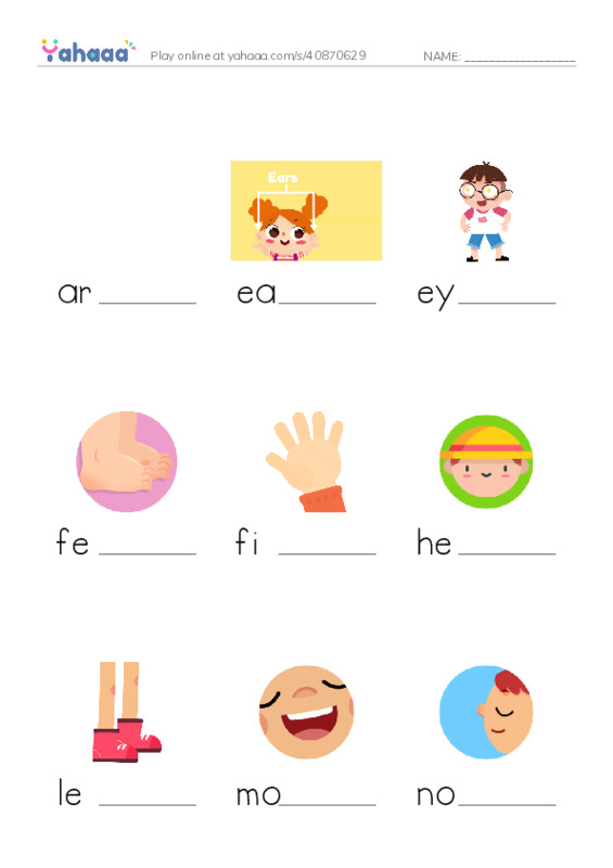 Finish the word worksheet for arms, ears, eyes and 7 more