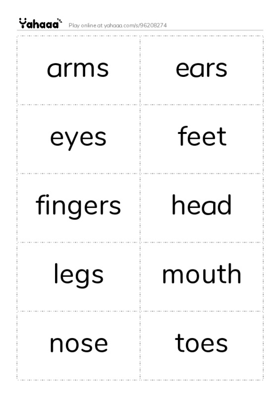 Word flashcards worksheet for arms, ears, eyes and 7 more