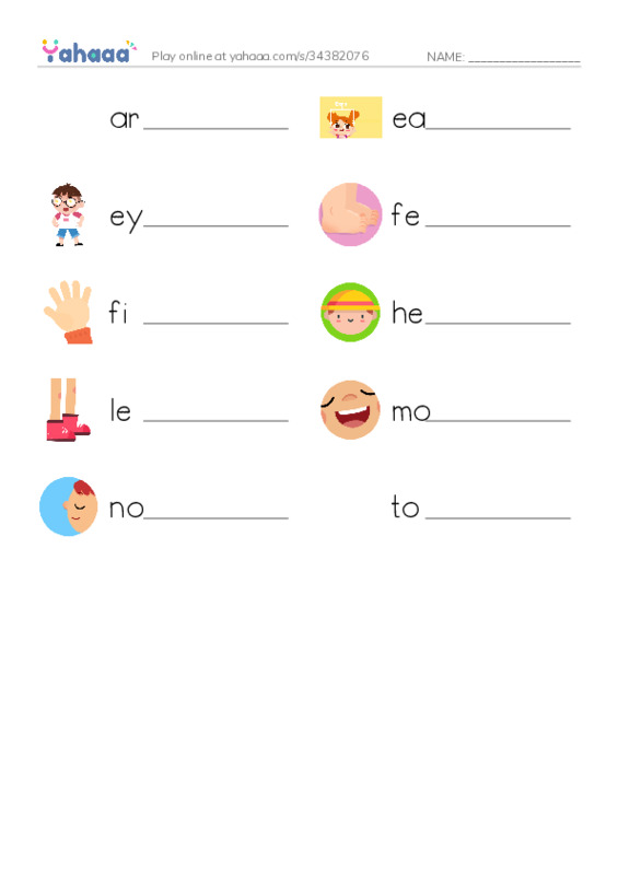 Write the word rows worksheet for arms, ears, eyes and 7 more