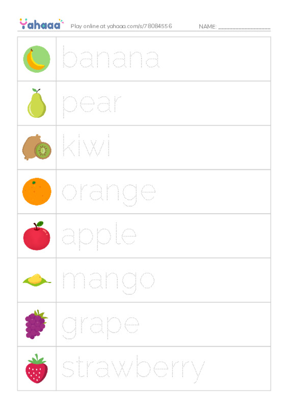 Picture and word rows worksheet for fruite