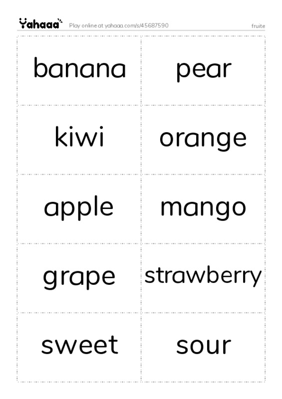 Word flashcards worksheet for fruite