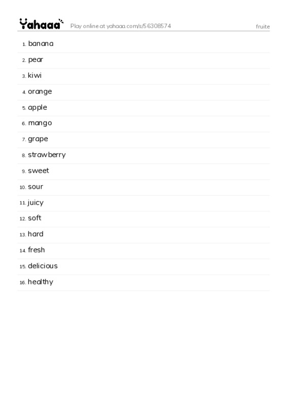 Word list with meanings worksheet for fruite