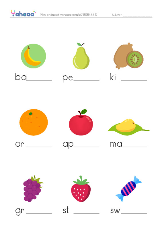 Finish the word worksheet for fruite