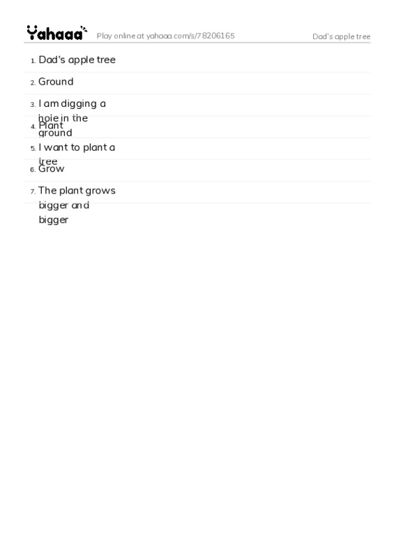 Word list with meanings worksheet for Dad's apple tree