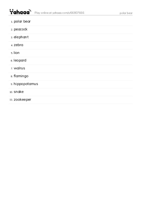 Word list with meanings worksheet for polar bear