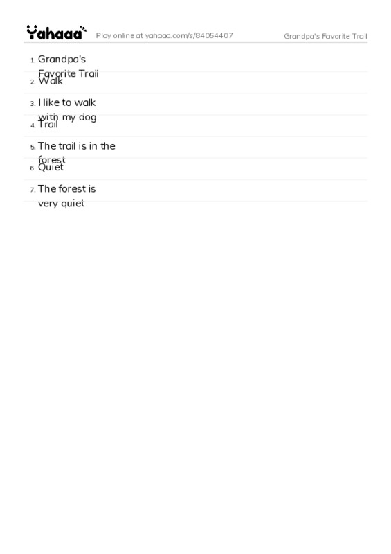 Word list with meanings worksheet for Grandpa's Favorite Trail