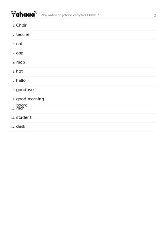 Word list with meanings worksheet for 2