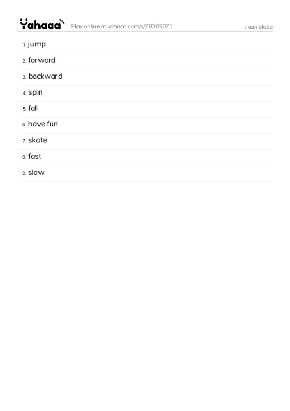 Word list with meanings worksheet for i can skate