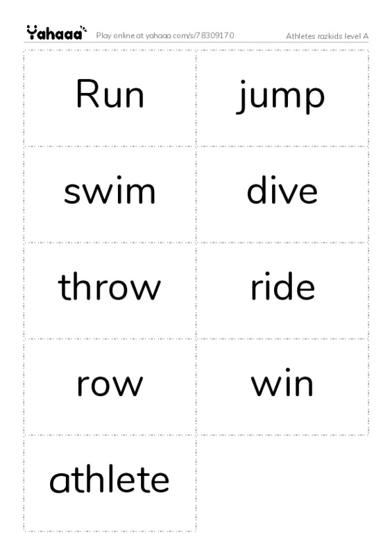 Word flashcards worksheet for Athletes razkids level A