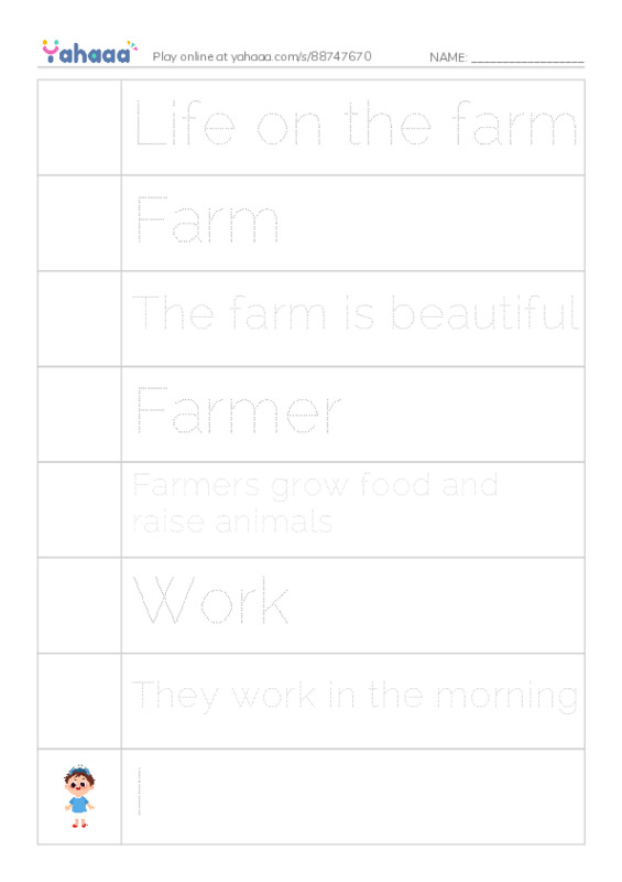 Picture and word rows worksheet for Life on the farm