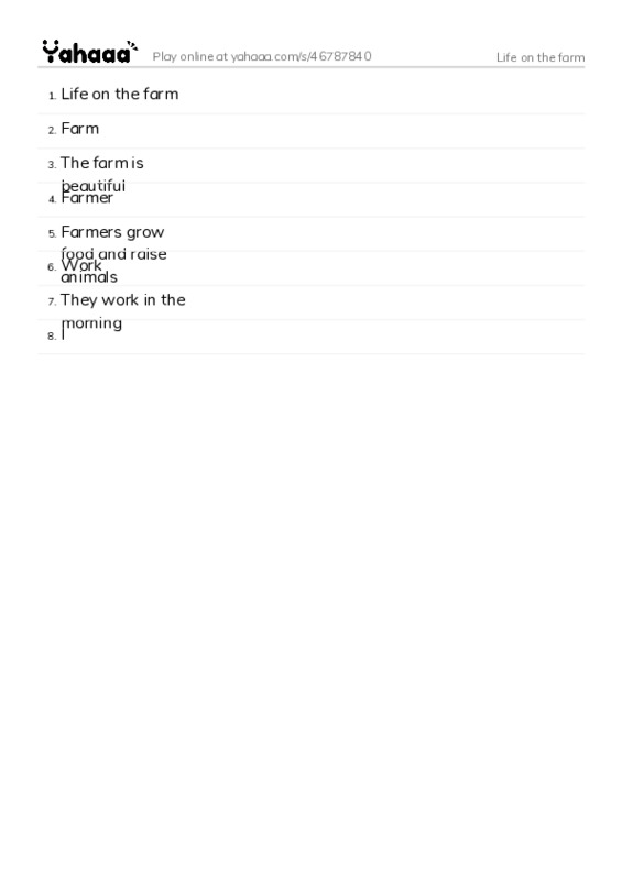 Word list with meanings worksheet for Life on the farm