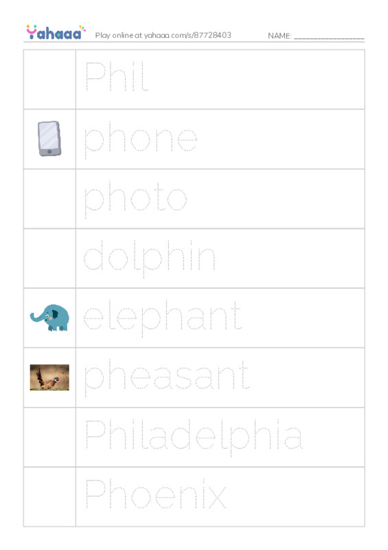 Picture and word rows worksheet for Ph Sound