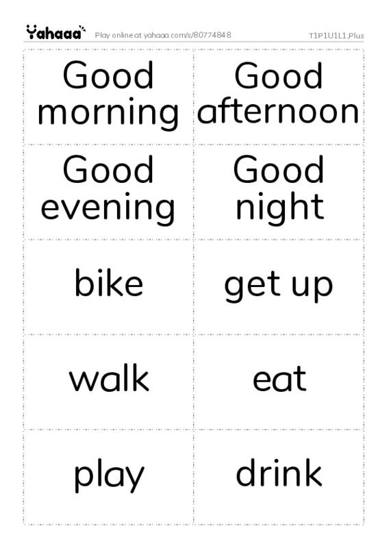 Word flashcards worksheet for T1P1U1L1,Plus