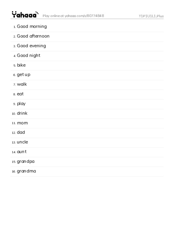 Word list with meanings worksheet for T1P1U1L1,Plus