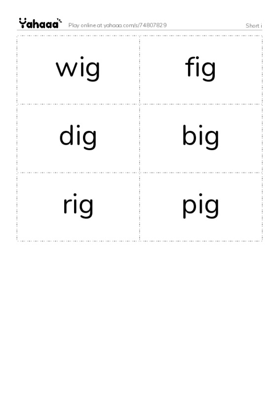 Word flashcards worksheet for Short i