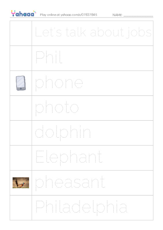 Picture and word rows worksheet for Let's talk about jobs