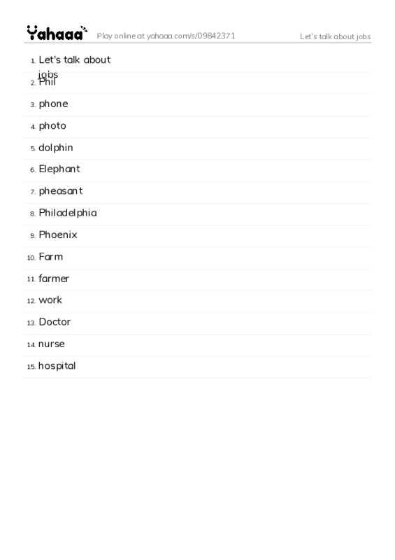 Word list with meanings worksheet for Let's talk about jobs