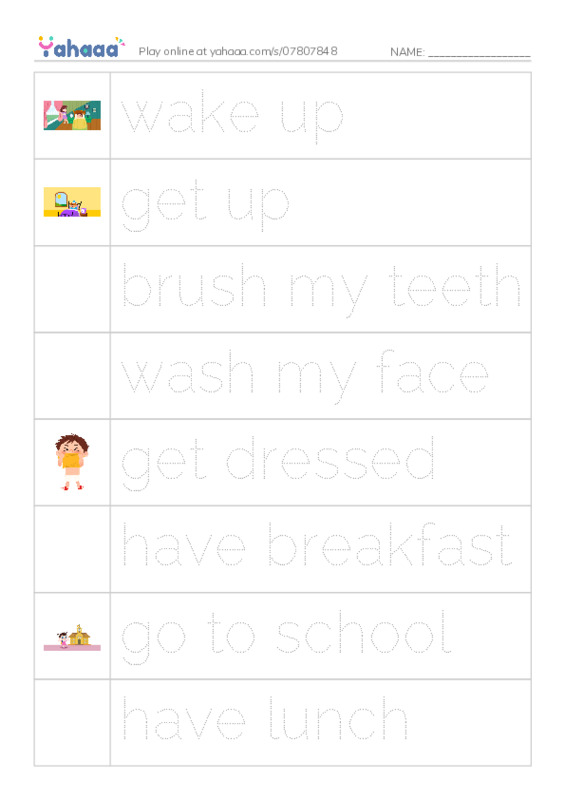 Picture and word rows worksheet for DAILY ROUTINES