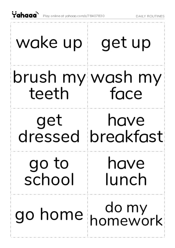 Word flashcards worksheet for DAILY ROUTINES