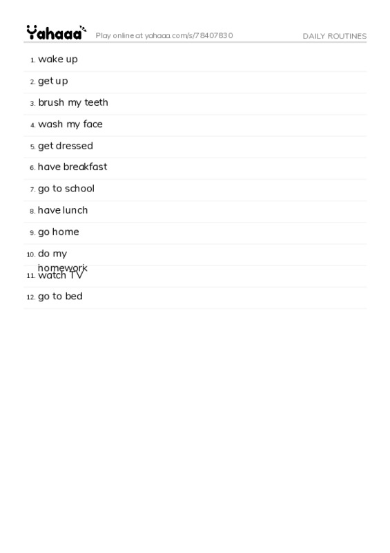 Word list with meanings worksheet for DAILY ROUTINES