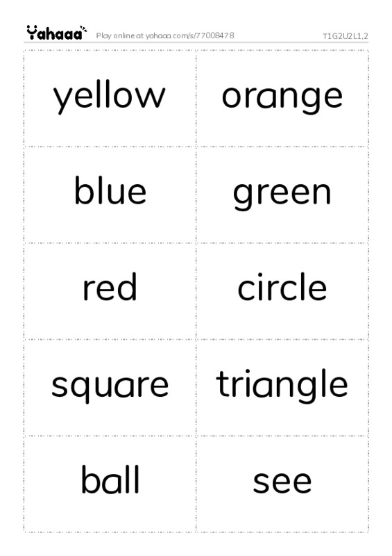 Word flashcards worksheet for T1G2U2L1,2