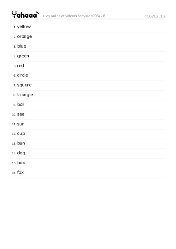 Word list with meanings worksheet for T1G2U2L1,2