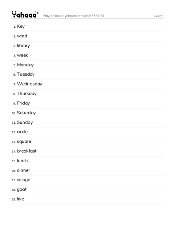 Word list with meanings worksheet for vocab