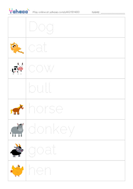 Picture and word rows worksheet for Animals at home