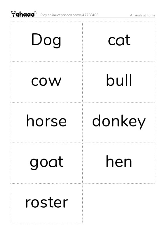 Word flashcards worksheet for Animals at home