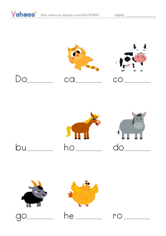 Finish the word worksheet for Animals at home