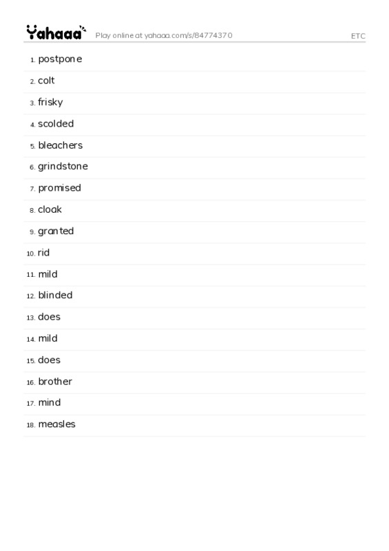 Word list with meanings worksheet for ETC