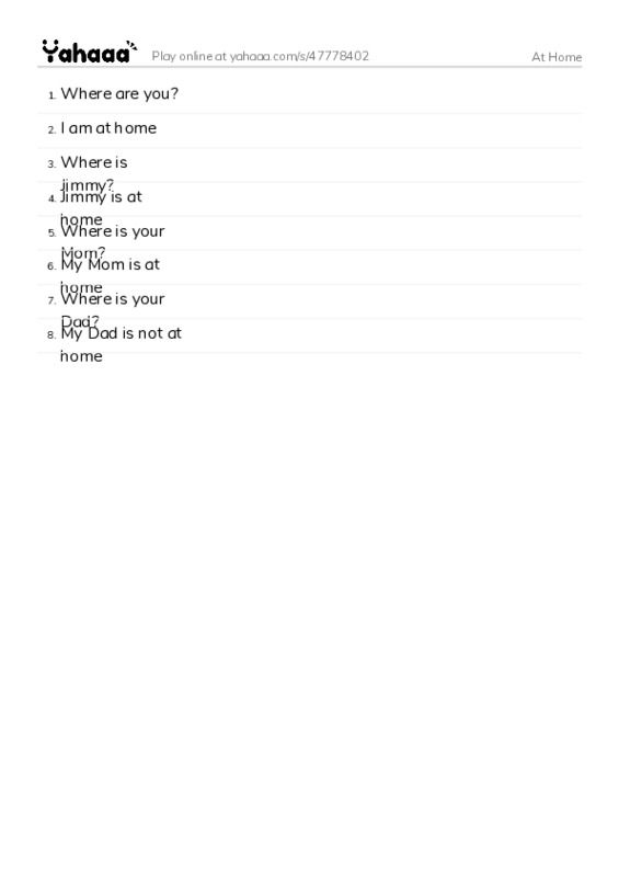 Word list with meanings worksheet for At Home