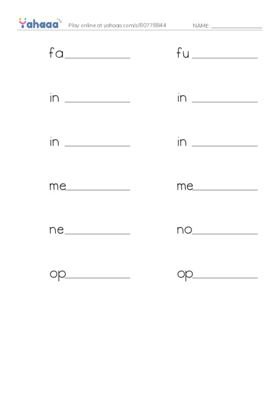 Write the word rows worksheet for 1