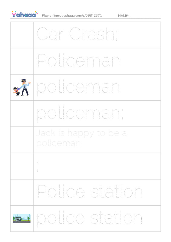 Picture and word rows worksheet for Car Crash