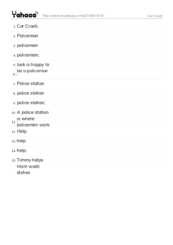 Word list with meanings worksheet for Car Crash