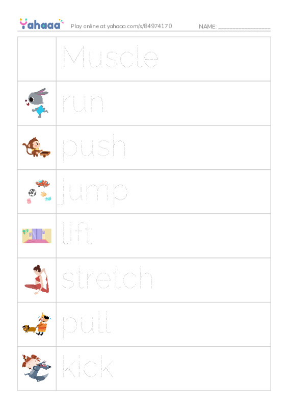 Picture and word rows worksheet for Muscles razkid level A
