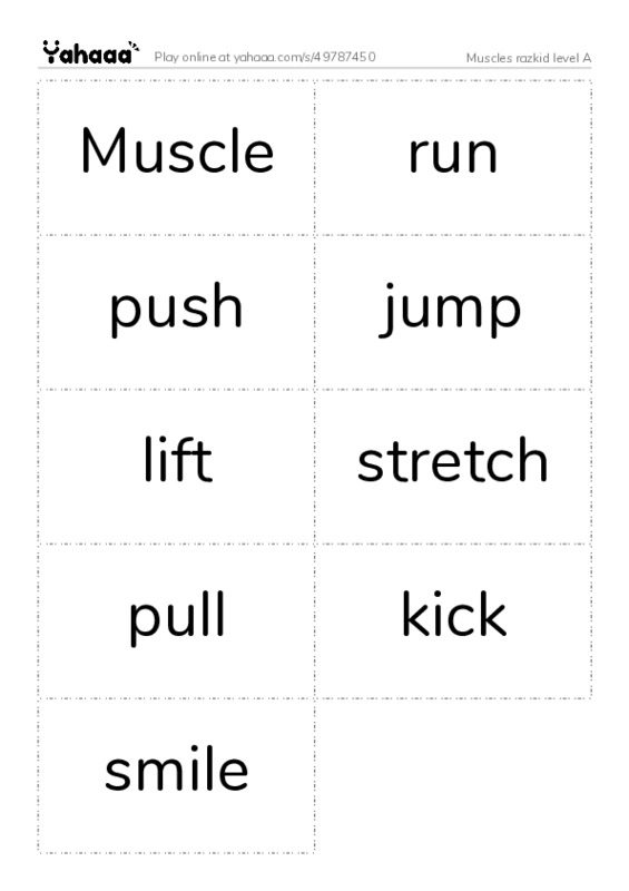 Word flashcards worksheet for Muscles razkid level A