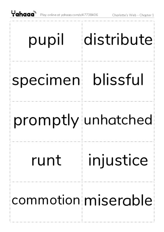 Word flashcards worksheet for Charlotte’s Web - Chapter 1