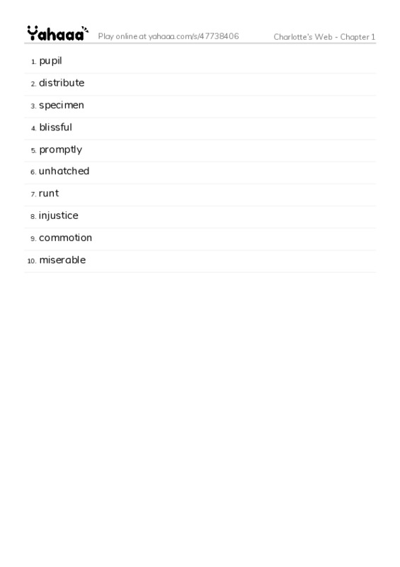 Word list with meanings worksheet for Charlotte’s Web - Chapter 1