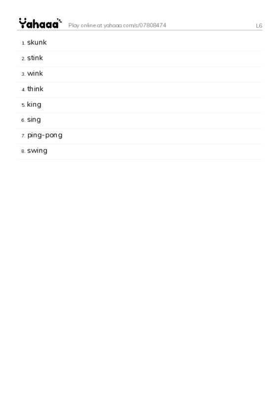 Word list with meanings worksheet for L6