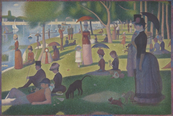 A large park scene filled with people, trees, and tiny brushstrokes.